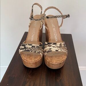 Stuart Weitzman Beige Snake-Print Cork Platform Sandals with Ankle Strap